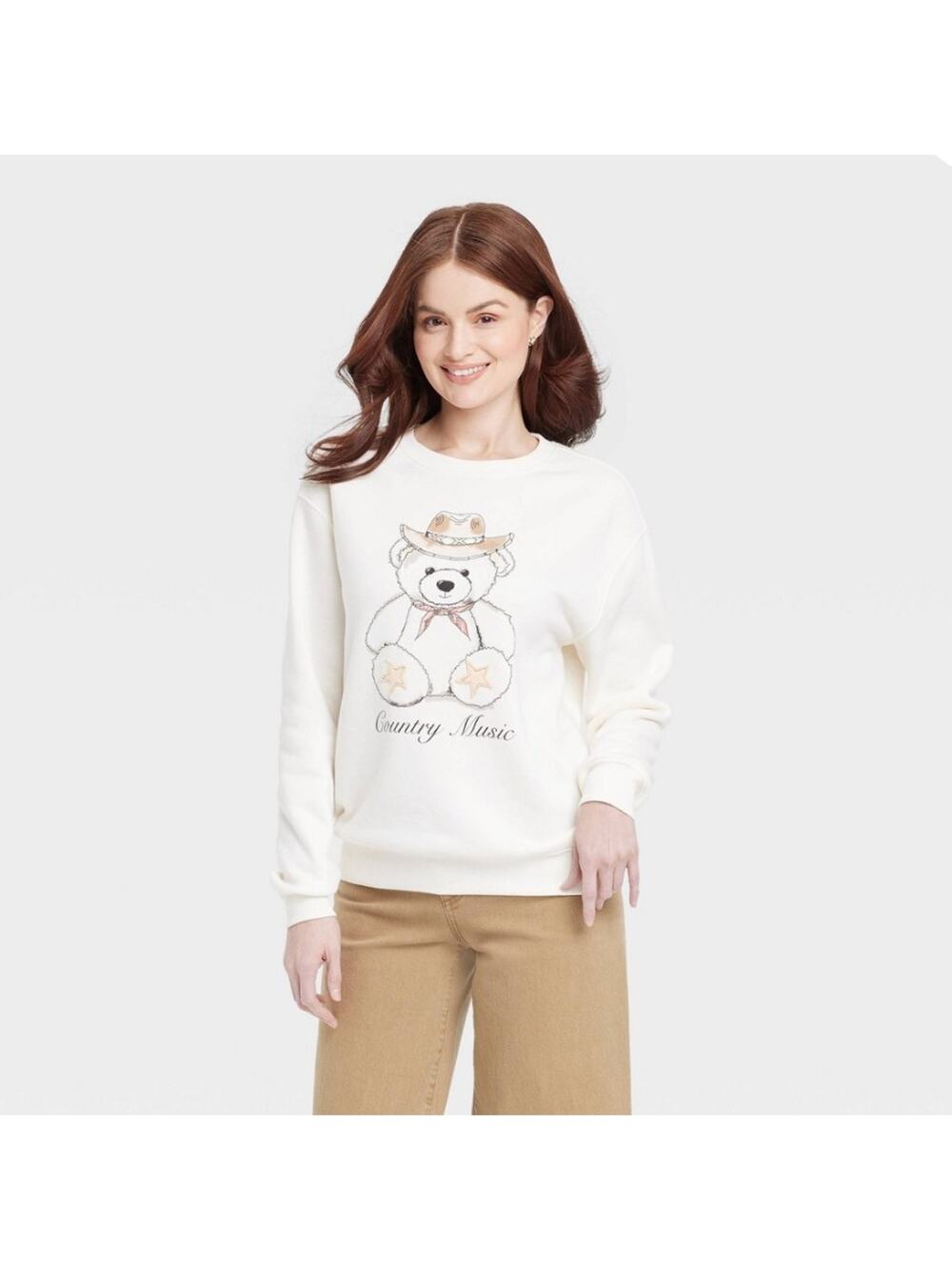NWT Zoe + Liv Crew Neck Sweater Womens M Country Music Bear Applique Soft Cozy